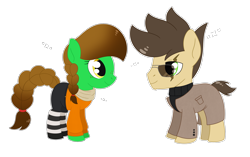 Size: 3257x2048 | Tagged: safe, artist:dyonys, oc, oc only, oc:lucky brush, oc:night chaser, earth pony, pony, chibi, clothes, coat, female, freckles, glasses, high res, luckychaser, male, mare, scarf, simple background, skirt, stallion, sweater, transparent background, turtleneck