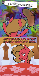 Size: 850x1656 | Tagged: safe, artist:ariah101, oc, oc:pun, pony, ask pun, ask, food, fork, implied ponies eating meat, knife, meat, sausage