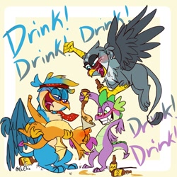 Size: 1199x1200 | Tagged: safe, artist:g-elric, gabby, gallus, smolder, spike, dragon, griffon, g4, alcohol, bad influence, blushing, bridal carry, carrying, chug chug chug chug, chugging, drink, drinking, drunk, drunker smolder, drunker spike, headband, holding