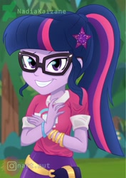 Size: 906x1280 | Tagged: safe, artist:nadiakaizane, sci-twi, twilight sparkle, equestria girls, g4, my little pony equestria girls: better together, cute, female, geode of telekinesis, glasses, grin, looking at you, magical geodes, music festival outfit, ponytail, sci-twiabetes, smiling, solo, twiabetes