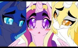 Size: 3301x2063 | Tagged: safe, artist:burnedpigeon, daybreaker, nightmare moon, princess cadance, alicorn, pony, g4, alicorn triarchy, blushing, colored pupils, female, high res, mare, open mouth