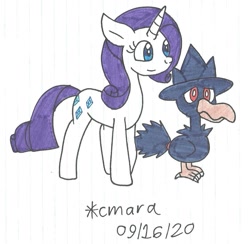 Size: 1119x1092 | Tagged: safe, artist:cmara, rarity, bird, crow, murkrow, pony, unicorn, g4, crossover, female, mare, pokémon, simple background, traditional art, video game crossover, white background