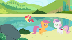 Size: 1200x675 | Tagged: artist needed, safe, artist:buttonmash, apple bloom, scootaloo, sweetie belle, earth pony, pegasus, pony, unicorn, g4, cutie mark crusaders, enjoying, eyes closed, female, filly, funny, pointy ponies