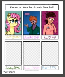 Size: 401x474 | Tagged: safe, artist:marg-m, fluttershy, human, pegasus, pony, g4, ..., bionic eye, bust, clothes, crossover, ear fluff, eddsworld, eyelashes, female, future matt (eddsworld), male, mare, matt (eddsworld), signature, six fanarts, smiling, tales from the gas station