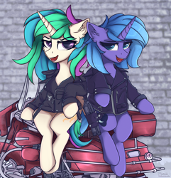 Size: 4050x4200 | Tagged: safe, artist:lakunae, princess celestia, princess luna, alicorn, pony, g4, back to back, clothes, cosplay, costume, female, gun, jacket, leather jacket, mad max, mare, motorcycle, royal sisters, s1 luna, shotgun, siblings, sisters, sitting, weapon