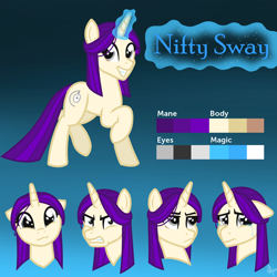 Size: 2048x2048 | Tagged: safe, artist:whitequartztheartist, oc, oc only, oc:nifty sway, pony, unicorn, abstract background, female, high res, mare, reference sheet, solo