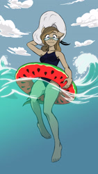 Size: 2093x3723 | Tagged: safe, artist:wii-san, oc, oc only, oc:dawnsong, earth pony, anthro, plantigrade anthro, clothes, feet, glasses, hat, high res, inner tube, looking at you, one-piece swimsuit, swimming, swimsuit