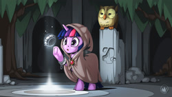 Size: 1920x1080 | Tagged: safe, artist:mysticalpha, clover the clever, owlowiscious, twilight sparkle, bird, owl, pony, unicorn, g4, clothes, coat, open mouth, relic, sphere, tree, unicorn twilight
