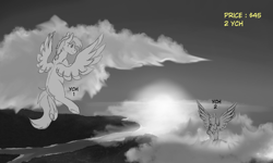 Size: 5000x3000 | Tagged: safe, artist:hellblazer911, artist:rokosmith26, pegasus, pony, advertisement, cloud, commission, flying, fog, forest, hill, river, sky, spread wings, sun, tail, text, wings, your character here