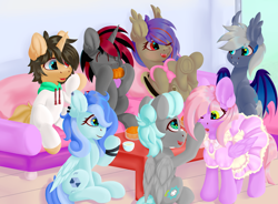 Size: 3800x2800 | Tagged: safe, artist:nowords, oc, oc only, oc:lamwind, oc:nowords, oc:royal masquerade, oc:sapphire treat, oc:枫夜, oc:莉娜佳, bat pony, pegasus, pony, unicorn, chinese, clothes, cute, food, high res, maid, mooncake