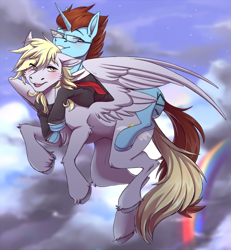 Size: 1978x2137 | Tagged: safe, artist:1an1, oc, oc only, oc:golden aegis, pegasus, pony, unicorn, cloud, cloven hooves, flying, glasses, high res, open mouth, ponies riding ponies, riding, sky