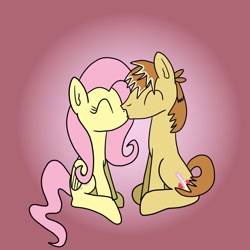 Size: 1280x1280 | Tagged: safe, artist:platinumdrop, feather bangs, fluttershy, g4, gradient background, kissing, request, shipping, simple background