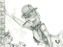 Size: 1400x1046 | Tagged: safe, artist:baron engel, oc, oc:free n'clear, oc:heartbreaker, earth pony, pony, unicorn, bowler hat, cigar, female, hat, mare, monochrome, pencil drawing, story included, traditional art