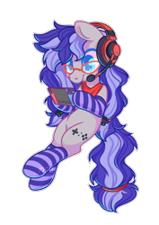 Size: 2480x3508 | Tagged: safe, artist:wavecipher, oc, oc only, oc:cinnabyte, earth pony, pony, adorkable, bandana, cinnabetes, clothes, commission, cute, dork, female, gaming headset, glasses, headphones, headset, high res, mare, meganekko, nintendo switch, playing, simple background, socks, solo, striped socks, transparent background, ych result