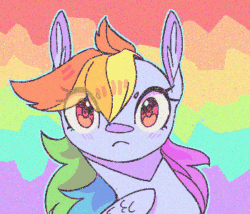 Size: 350x300 | Tagged: safe, artist:duckjifs246, rainbow dash, pegasus, pony, g4, animated, blinking, bust, cute, dashabetes, ear fluff, female, looking at you, mare, portrait, rainbow background, solo