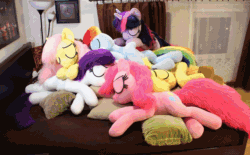 Size: 1200x745 | Tagged: safe, artist:kp-shadowsquirrel edits, artist:ponimalion, applejack, fluttershy, pinkie pie, rainbow dash, rarity, twilight sparkle, earth pony, pegasus, pony, unicorn, g4, animated, bed, cuddle puddle, cuddling, cute, daaaaaaaaaaaw, defictionalization, eyes closed, golden oaks library, irl, library, mane six, photo, pillow, pony pile, sleeping, weapons-grade cute