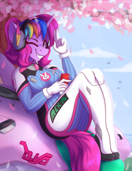 Size: 1700x2200 | Tagged: safe, artist:shadowreindeer, oc, oc only, oc:techy twinkle, anthro, cellphone, cherry blossoms, clothes, commission, cosplay, costume, d.va, female, flower, flower blossom, grin, looking at you, one eye closed, overwatch, phone, smiling, solo, two fingered salute, wink, winking at you, ych result