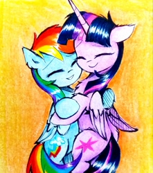 Size: 2277x2580 | Tagged: safe, artist:liaaqila, rainbow dash, twilight sparkle, alicorn, pegasus, pony, g4, commission, cuddling, cute, dashabetes, duo, duo female, eyes closed, female, floppy ears, folded wings, grin, high res, horn, hug, lesbian, mare, ship:twidash, shipping, simple background, smiling, traditional art, twiabetes, twilight sparkle (alicorn), wings, yellow background