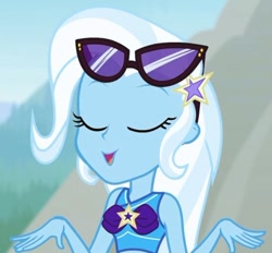Size: 540x501 | Tagged: safe, screencap, trixie, equestria girls, equestria girls specials, g4, my little pony equestria girls: better together, my little pony equestria girls: forgotten friendship, clothes, cropped, eyes closed, solo, sunglasses, sunglasses on head, swimsuit