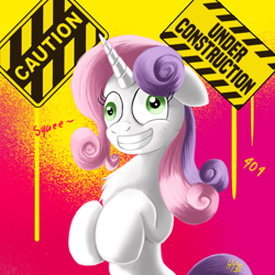 Size: 1024x1024 | Tagged: safe, artist:jphyperx, sweetie belle, pony, unicorn, g4, 404, bipedal, crazy face, derp, faic, grin, http status code, insanity, nervous, older, older sweetie belle, puberty, simple background, smiling, solo, squee, street sign
