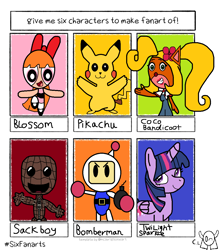 Size: 1048x1192 | Tagged: safe, artist:chunkylappy, twilight sparkle, alicorn, human, pikachu, pony, anthro, g4, :d, anthro with ponies, blossom (powerpuff girls), bomb, bomberman, bust, clothes, coco bandicoot, crash bandicoot (series), crossover, female, little big planet, male, mare, open mouth, pokémon, sackboy, six fanarts, smiling, the powerpuff girls, twilight sparkle (alicorn), waving, weapon