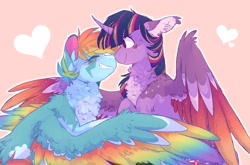 Size: 2000x1322 | Tagged: safe, artist:pretzelprince, rainbow dash, twilight sparkle, alicorn, pegasus, pony, g4, abstract background, alternate design, blushing, boop, chest fluff, colored pinnae, colored wings, curved horn, duo, ear fluff, female, heart, horn, hug, lesbian, mare, noseboop, nuzzling, outline, pale belly, ship:twidash, shipping, smiling, spread wings, twilight sparkle (alicorn), winghug, wings