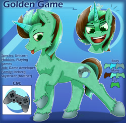 Size: 2049x1998 | Tagged: safe, artist:jesterpi, oc, oc only, oc:golden game, pony, unicorn, abstract background, cutie mark, horn, playstation, reference sheet, smiling, standing, tongue out