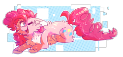 Size: 1446x674 | Tagged: safe, artist:pretzelprince, pinkie pie, earth pony, pony, g4, abstract background, cheek fluff, chest fluff, colored pinnae, cutie mark, female, fluffy, looking at you, lying down, one eye closed, open mouth, pale belly, prone, simple background, smiling, solo, transparent background, wink