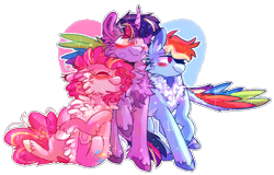 Size: 2000x1282 | Tagged: safe, artist:pretzelprince, pinkie pie, rainbow dash, twilight sparkle, alicorn, earth pony, pegasus, pony, g4, bisexual, blushing, cheek fluff, chest fluff, ear fluff, female, fluffy, heart, horn, hug, lesbian, looking away, pale belly, polyamory, rainbow power, ship:pinkiedash, ship:twidash, ship:twinkie, shipping, simple background, smiling, transparent background, twidashpie, twilight sparkle (alicorn), winghug, wings