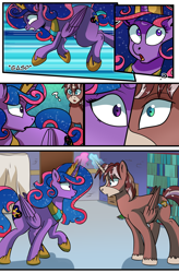 Size: 1800x2740 | Tagged: safe, artist:candyclumsy, oc, oc:king speedy hooves, oc:queen galaxia (bigonionbean), alicorn, pony, comic:the fusion flashback 2, alicorn princess, basement, canterlot, canterlot castle, chamber, comic, commissioner:bigonionbean, concerned, cutie mark, embarrassed, ethereal mane, flashback, fusion, fusion:big macintosh, fusion:flash sentry, fusion:princess cadance, fusion:princess celestia, fusion:princess luna, fusion:shining armor, fusion:trouble shoes, fusion:twilight sparkle, glowing horn, horn, jewelry, looking at you, male, royalty, shocked, stallion, staring into your soul, surprised, writer:bigonionbean