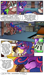 Size: 1800x3056 | Tagged: safe, artist:candyclumsy, oc, oc:king speedy hooves, oc:queen galaxia (bigonionbean), oc:tommy the human, alicorn, earth pony, human, pegasus, pony, unicorn, comic:the fusion flashback 2, alicorn princess, awkward moment, basement, blushing, canterlot, canterlot castle, chamber, comic, commissioner:bigonionbean, concerned, cute, cutie mark, doorway, embarrassed, ethereal mane, female, flashback, fusion, fusion:big macintosh, fusion:flash sentry, fusion:princess cadance, fusion:princess celestia, fusion:princess luna, fusion:shining armor, fusion:trouble shoes, fusion:twilight sparkle, hieroglyphics, human oc, jewelry, kissing, looking at you, male, mother and child, mother and son, nibbling, nuzzling, potions, royalty, secret room, surprised, symbols, uwu, writer:bigonionbean