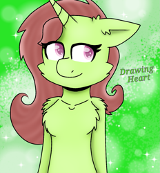 Size: 1027x1108 | Tagged: safe, artist:oliviatheangelfox, oc, oc only, oc:drawing heart, pony, unicorn, abstract background, bust, chest fluff, smiling, solo