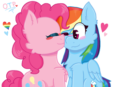 Size: 1200x866 | Tagged: safe, artist:oliviatheangelfox, pinkie pie, rainbow dash, earth pony, pegasus, pony, g4, blushing, chest fluff, cute, eyes closed, female, heart, lesbian, one eye closed, ship:pinkiedash, shipping, simple background, white background, wink