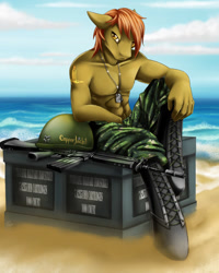 Size: 1200x1500 | Tagged: safe, artist:talki200, oc, oc:copper jacket, anthro, unguligrade anthro, clothes, crate, fn fal, gun, helmet, male, muscles, partial nudity, rifle, topless, unikranian, weapon