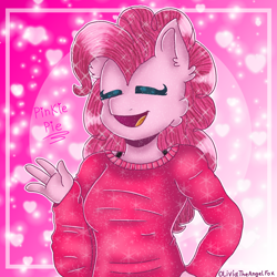 Size: 1000x1000 | Tagged: safe, artist:oliviatheangelfox, pinkie pie, earth pony, anthro, g4, bust, clothes, eyes closed, female, open mouth, signature, smiling