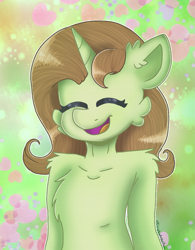 Size: 1017x1302 | Tagged: safe, artist:oliviatheangelfox, oc, oc only, oc:drawing heart, pony, unicorn, abstract background, bust, chest fluff, eyes closed, horn, open mouth, smiling, solo, unicorn oc