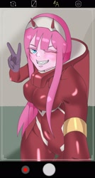 Size: 1600x2993 | Tagged: safe, artist:zettaidullahan, pinkie pie, human, g4, clothes, cosplay, costume, darling in the franxx, devil horns, female, gloves, grin, humanized, one eye closed, phone screen, selfie, smiling, solo, wink, zero two (darling in the franxx)