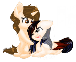 Size: 1308x1080 | Tagged: safe, artist:silentwolf-oficial, oc, oc only, pegasus, pony, unicorn, eyelashes, horn, lying down, one eye closed, open mouth, pegasus oc, prone, simple background, smiling, solo, transparent background, unicorn oc, watermark, wings, wink