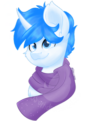 Size: 1080x1440 | Tagged: safe, artist:silentwolf-oficial, oc, oc only, pony, unicorn, bust, clothes, horn, scarf, signature, simple background, smiling, solo, transparent background, unicorn oc, watermark