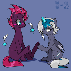 Size: 4000x4000 | Tagged: safe, artist:bonpikabon, artist:icicle-niceicle-1517, color edit, edit, fizzlepop berrytwist, tempest shadow, oc, oc:elizabat stormfeather, alicorn, bat pony, bat pony alicorn, pony, unicorn, g4, alicorn oc, bat pony oc, bat wings, blue background, blushing, broken horn, canon x oc, collaboration, colored, eye scar, feather, female, fetish, glowing horn, hoof fetish, hoof hold, horn, lesbian, levitation, magic, mare, nervous, raised hoof, raised leg, scar, shipping, simple background, sitting, smiling, smirk, stormshadow, telekinesis, tickle fetish, tickle torture, tickling, wall of tags, wings