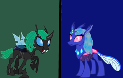 Size: 1362x871 | Tagged: safe, artist:daisyrosepup16, oc, oc only, changedling, changeling, base used, changedling oc, changeling oc, duo, fangs, female, raised hoof