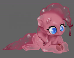 Size: 1280x993 | Tagged: safe, artist:fluffleart, pinkie pie, goo, goo pony, original species, g4, cute, diapinkes, dripping, goo ponified, gray background, looking down, lying down, pinkie slime, prone, simple background, solo, species swap, translucent