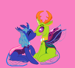 Size: 862x780 | Tagged: safe, artist:daisyrosepup16, thorax, oc, changedling, changeling, g4, base used, blushing, canon x oc, changedling oc, changeling oc, eyes closed, female, king thorax, male, pink background, simple background, sitting, straight