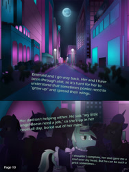 Size: 2600x3462 | Tagged: safe, artist:jesterpi, oc, oc:jester pi, oc:shining emerald, pegasus, pony, comic:a jester's tale, building, city, clothes, crowd, high res, horns, maid, manehattan, moon, night, outdoors, purple background, road, simple background, stars, street, text, trotting, uniform, walking