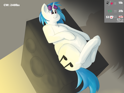 Size: 3000x2254 | Tagged: safe, artist:lupin quill, dj pon-3, vinyl scratch, pony, unicorn, series:vinyl scratch weight gain drive, bedroom eyes, belly, belly button, belly grab, big belly, butt, chest fluff, chubby, dialogue, fat, fat fetish, fetish, incentive drive, lip bite, looking at you, lying down, plot, solo, speaker, sunglasses, vinyl fat, weight gain sequence