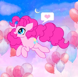 Size: 2047x2028 | Tagged: safe, artist:stacy_165cut, pinkie pie, earth pony, pony, g4, balloon, crescent moon, cute, diapinkes, female, heart, high res, mare, moon, night, open mouth, pictogram, sky, solo, speech bubble