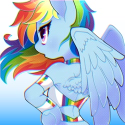 Size: 1500x1500 | Tagged: safe, artist:bbtasu, rainbow dash, pegasus, pony, semi-anthro, arm hooves, backless, bare shoulders, chromatic aberration, clothes, featured image, female, gradient background, hooves on hips, mare, sexy, solo, stupid sexy rainbow dash, underhoof, wings