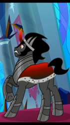 Size: 720x1280 | Tagged: safe, screencap, king sombra, pony, umbrum, unicorn, g4, season 9, the beginning of the end, cape, clothes, colored horn, cropped, curved horn, fangs, horn, implied tail hole, male, rear view, royal cape, solo, sombra horn, stallion, terrified, wide eyes