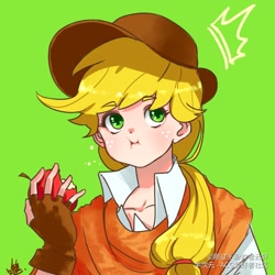 Size: 1024x1024 | Tagged: dead source, safe, artist:刚过千粉的噬云轩, applejack, human, g4, anime, apple, applejack's hat, clothes, cowboy hat, eating, female, fingerless gloves, food, gloves, hat, humanized, looking at you, solo