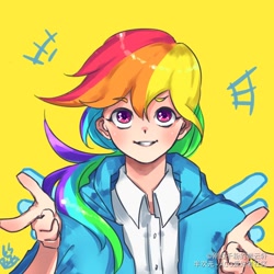Size: 1024x1024 | Tagged: dead source, safe, artist:刚过千粉的噬云轩, rainbow dash, human, g4, anime, female, humanized, looking at you, smiling, smiling at you, solo